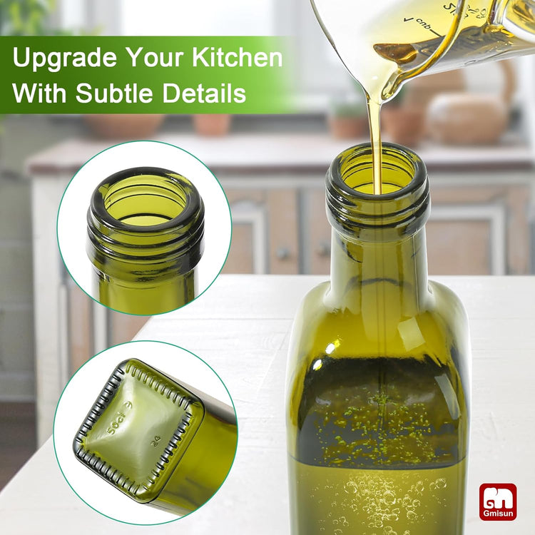 GMISUN Olive Oil Dispenser Bottle 4 Pack, Olive Oil Dispenser for Kitchen 17oz, Glass Cooking Soy Sauce Bottle Container Cruet with Plastic Pourer Spout, Green