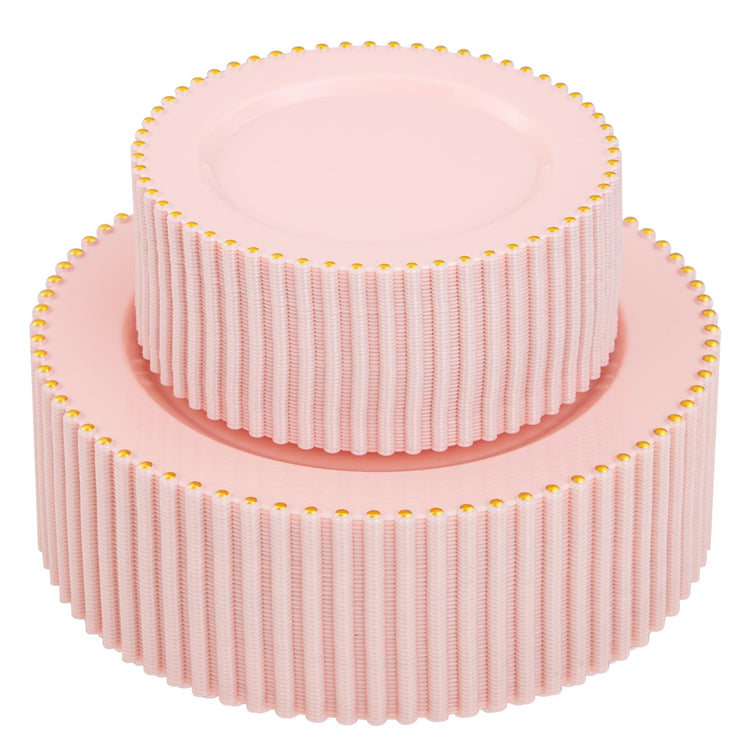 100pcs Pink Plastic Plates with Gold Beads Plastic Wedding Plates (100 Count)