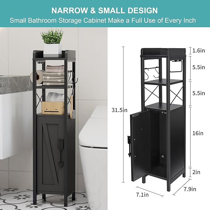 VECELO Small Bathroom Cabinet,Slim Toilet Paper Holder with Door&Metal Scroll, Upgraded Narrow Storage Organizer for Restroom Bathroom Tiny Space,Fenced Top Waterproof Coating,Black