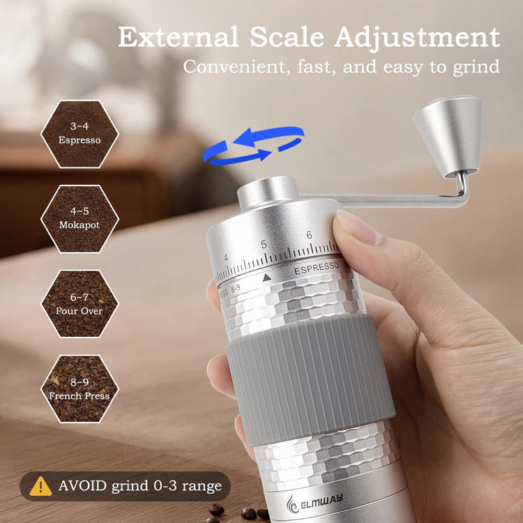 Manual Coffee Grinder, Hand Coffee Grinder, Capacity 25g with Seven star titanium plated 440 Stainless Steel Conical Burr Portable Coffee Grinders for Home Use, Office, Travel(AVOID grind 0-3 range)