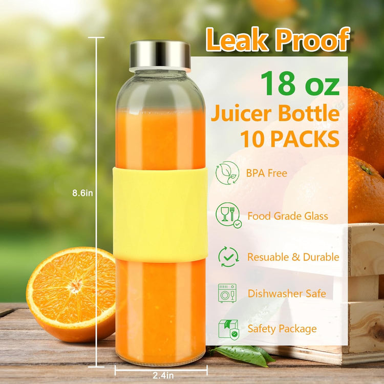 Zukro Glass Water Bottles with Lids 18 oz, Reusable Clear Juice Bottles Stainless Steel Airtight Cap for Juicing, 100% Leak Proof Juice Drinking Jar With Sleeve for Refrigerator, BPA Free, Set of 6