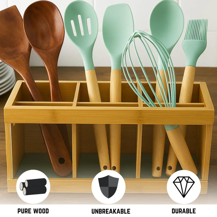 Wooden Utensil Holder Organizer with 6 Compartments