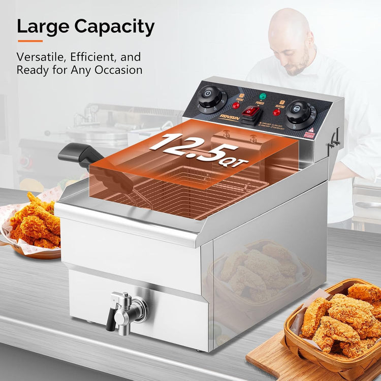 ROVSUN 12.5QT/11.8L Electric Deep Fryer w/Frying Basket, Timer, Drain, & Lid, Commercial Countertop Single Tank Frying Machine, Adjustable Temperature, for French Fries Donuts Onion Rings, 1700W 110V