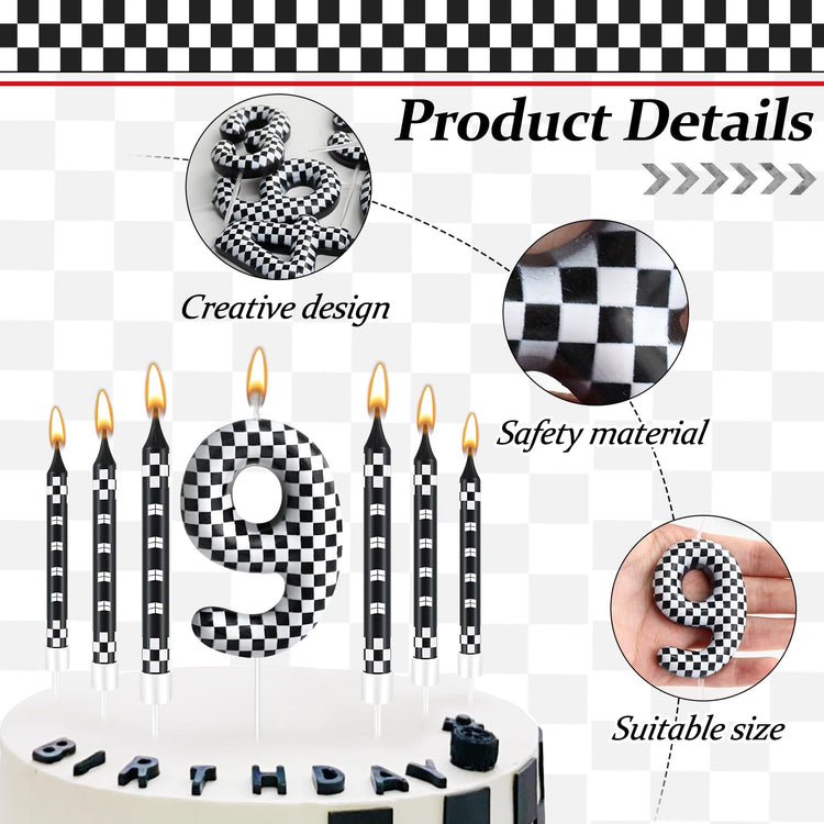 13 Pcs Racing Cars Themed Birthday Candles Black and White Race Number 9 Checkered Candle Cake Topper for Racing Car Party Decoration Supplies (13 Count)