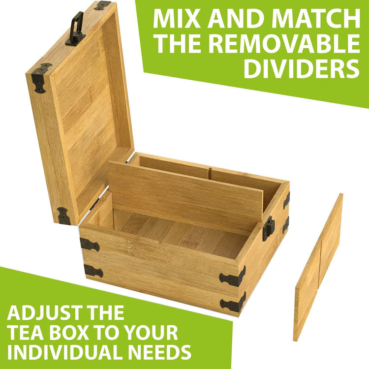 Bamboo Tea Organizer Box Chemical Free Eco-Friendly Big, Tall, Adjustable Cubbies Natural Wooden Storage Chest (4-Slot Square 7.4" x 8.1" x 4.2" with Tea Leaf Design)