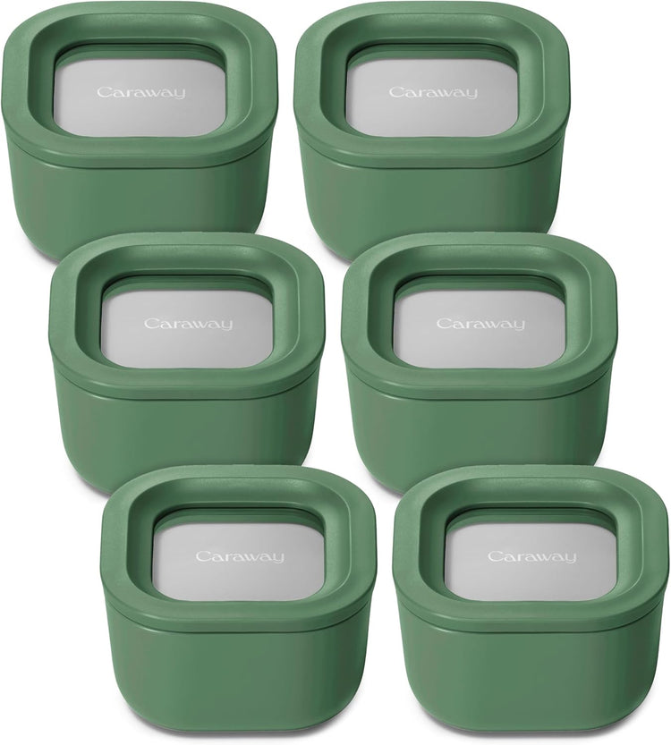 Caraway 6pc Food Storage Container Set - 1.75 Cup Glass Storage Container for Food (6) - Non-Toxic Ceramic-Coated Glass - Air Release Technology - Compact & Stackable Design - Sage