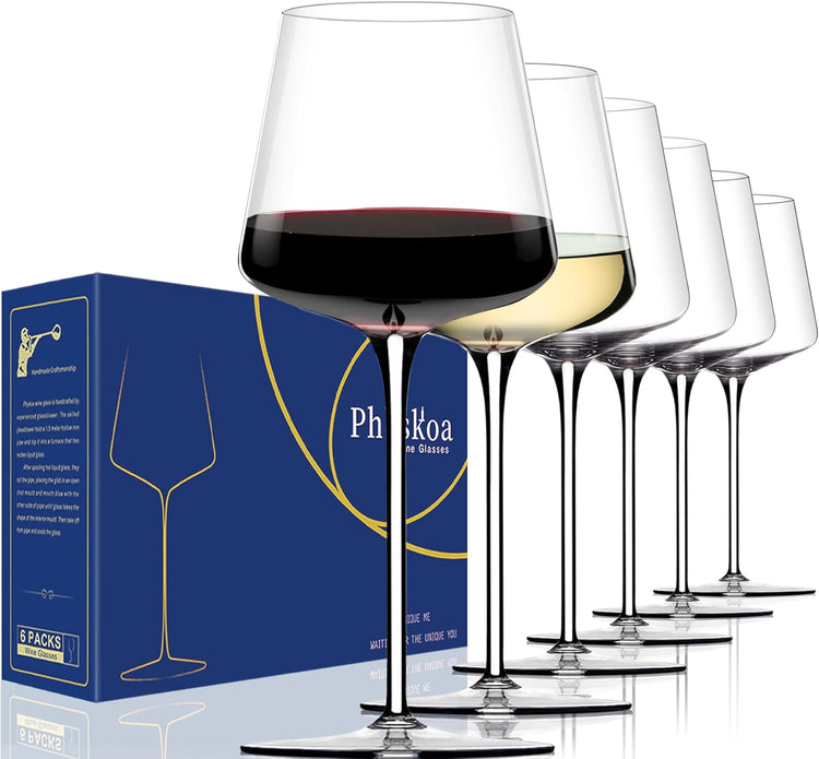 White Red Wine Glasses Set of 6 – 18oz Clear【Hand Blown】 Crystal Wine Glass – Tall Long Stem Modern Wine Glasses – Square Wine Glass with flat bottom – Unique gifts for Wedding,Brithday,anniversary