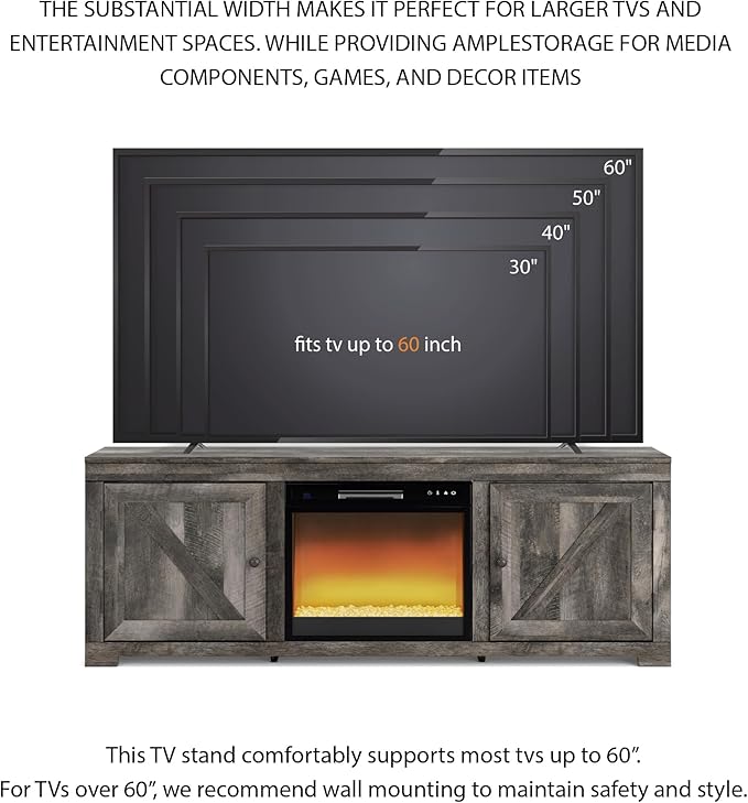 Signature Design by Ashley Wynnlow Farmhouse 63" TV Stand for TVs up to 72" with Electric Fireplace, Light Gray