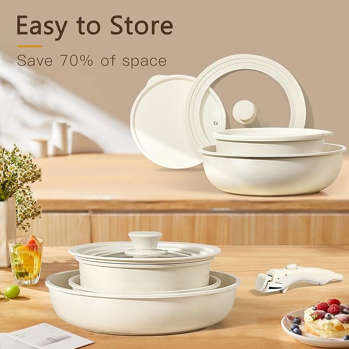 GiPP Ceramic Pots and Pans Set Non Stick, Nonstick Detachable Handle Cookware Sets, Healthy Non Toxic PFAS PFOA & PTFE Free, Dishwasher &Oven Safe, Induction Kitchen Pot and Pan, 21 Piece Cream