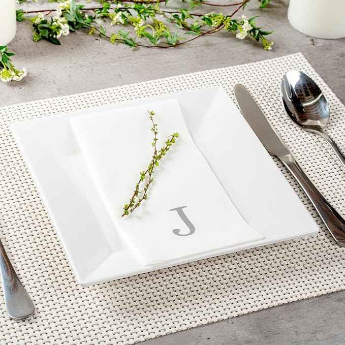 Luxenap 15.8 X 7.9 Inch Linen-Feel Guest Towels, 50 Lettered Hand Towels - Silver Letter 'J', Sans Serif Font, White Paper Dinner Napkins, airlaid, For Restrooms And Tables - Restaurantware