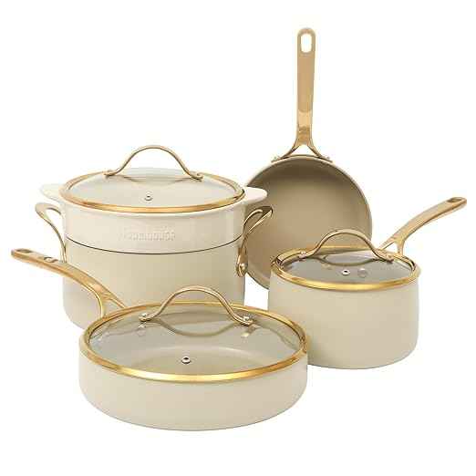 Bloomhouse - Two Time Oprah's Favorite Things Winner - 8 Piece Pots and Pans Heavy Duty Aluminum Premium PFA Free Ceramic Nonstick Cookware Set - Almond Cream w/Gold Handle