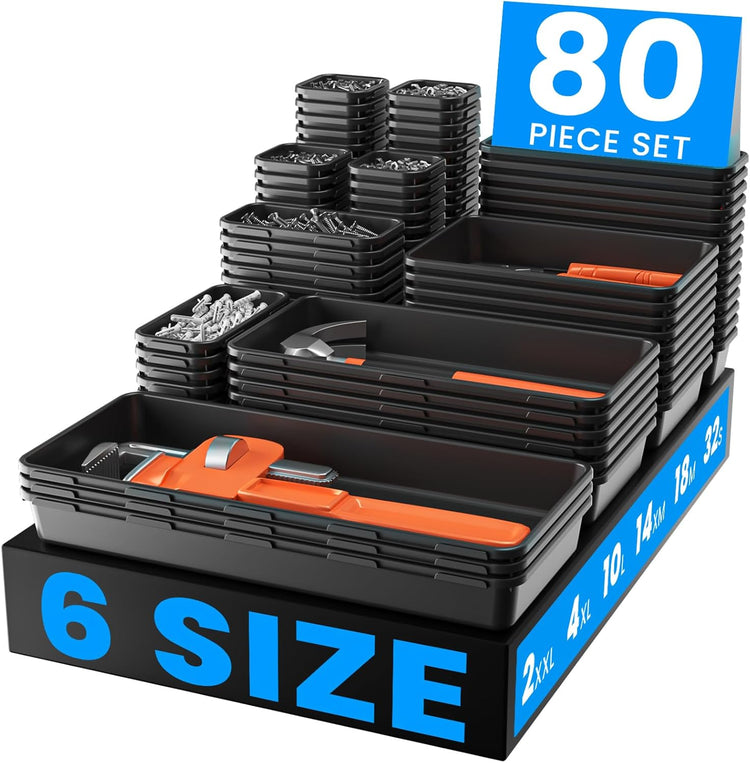 A-LuGei【4008 cu in Tool Box Organizer,【Upgraded to 6 Size】 Black Garage Organization and Storage Tray Divider Set, Desk Drawer Organizer, Toolbox for Tool Chest Cart WorkBench Small Parts Widget