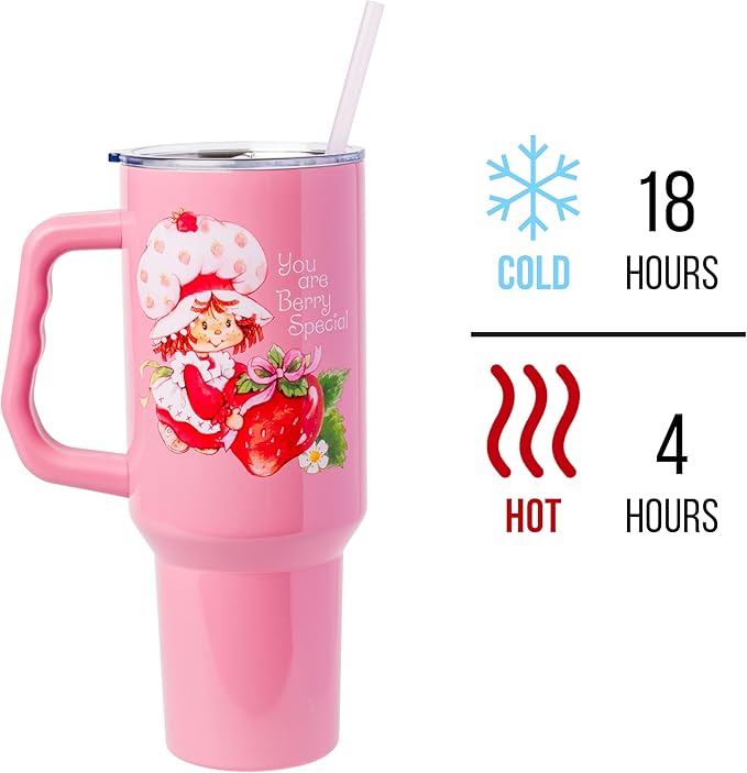 Silver Buffalo Strawberry Shortcake You Are Berry Special Vintage Berry Pink Double Walled Stainless Steel Tumbler with Handle and Straw, Fits in Standard Cup Holder, 40 Ounces