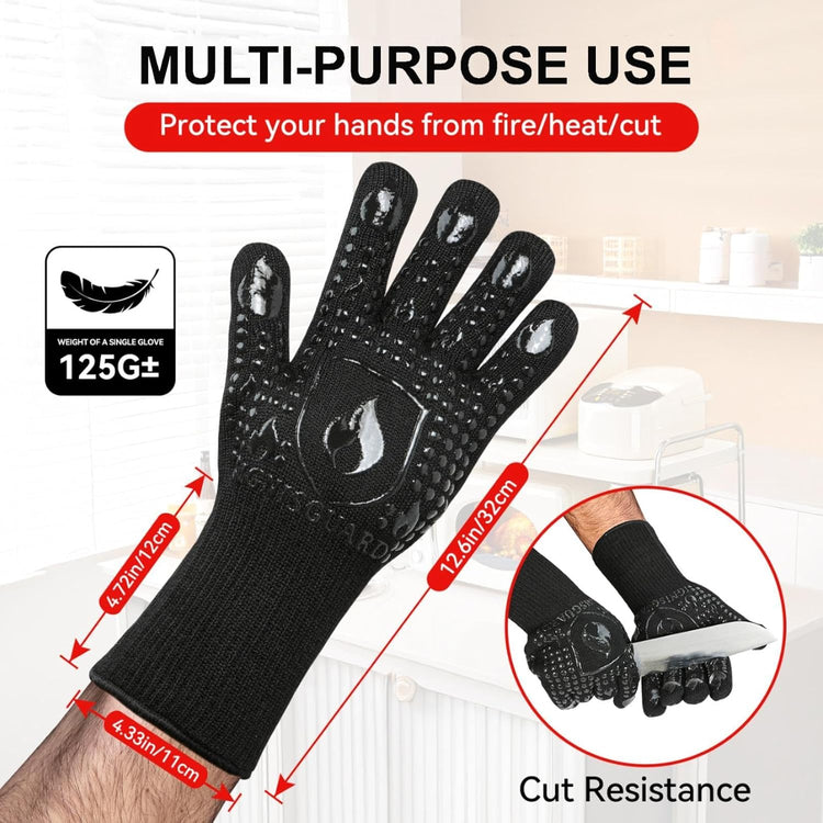 BBQ & Grill Gloves, Oven Gloves, 1472°F Silicone Oven Mitts Heat Resistant Grilling Gloves Fireproof Non-Slip for Barbecue Cooking Baking Smoking, 1-Pair Black(L)