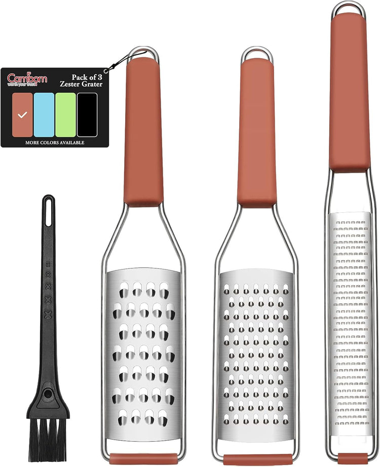 Cambom Lemon Zester Grater Three-piece Suit - Heavy Duty Kitchen Tool for Parmesan Cheese, Ginger, Garlic, Nutmeg, Chocolate, Vegetables,Fruits,Stainless Steel Grater Dishwasher Safe Red