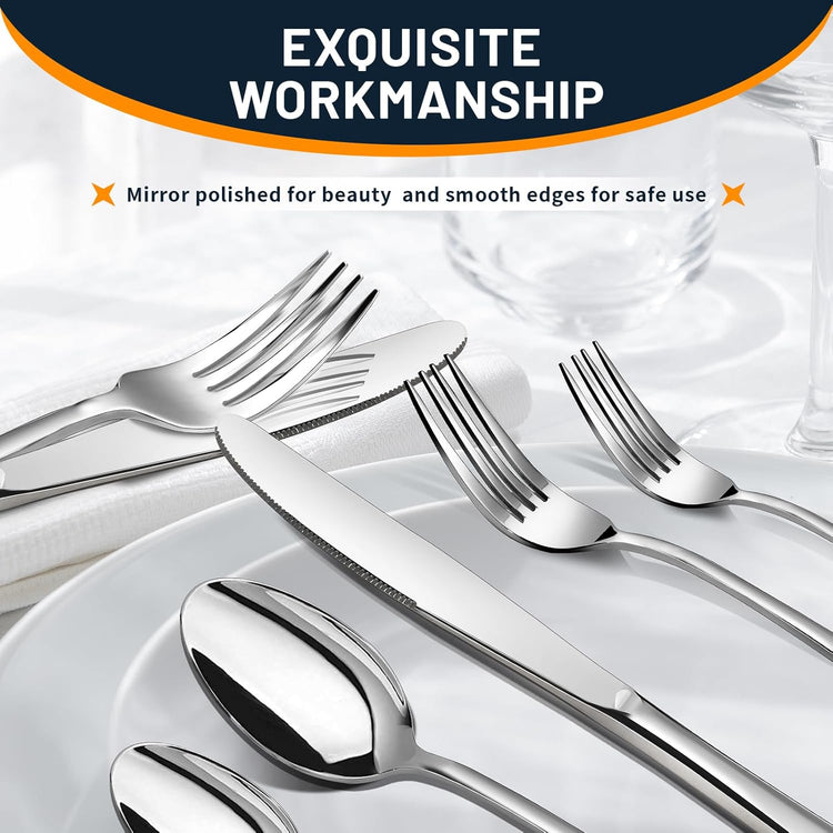 Silverware Set, 40 Piece Stainless Steel Cutlery Sets for 8, Heavy Duty Flatware, Mirror Polished Forks Spoons and Knives Set, Reusable Utensils for Home Kitchen, Dishwasher Safe