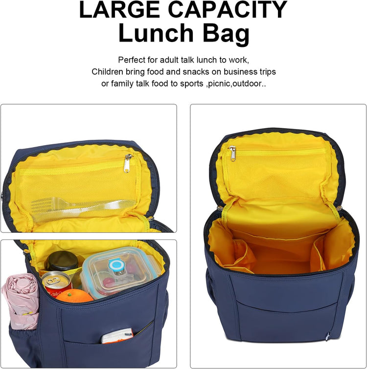 NOL Natural Organic Lifestyle Insulated Lunch Bags for Women Cooler Bag Lightweight Nylon Waterproof Lunch Box For Work (Navy blue, Large)