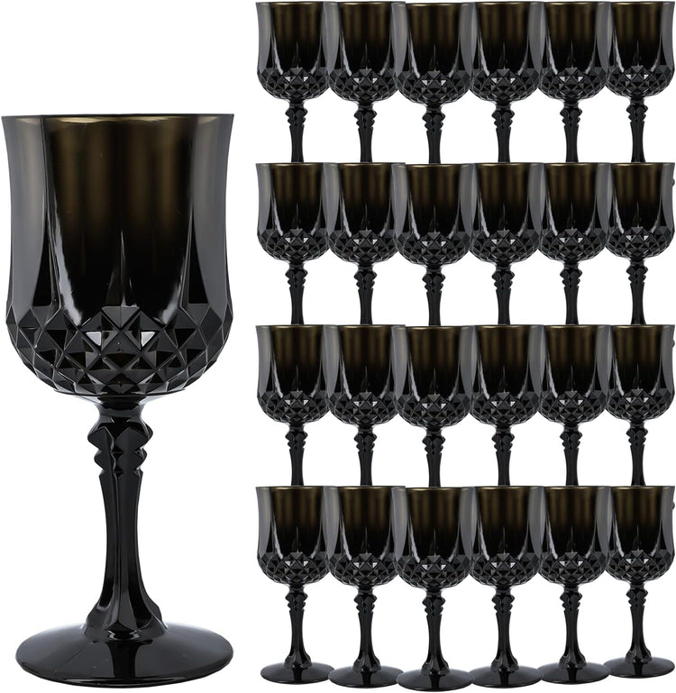 Plastic Wine Glasses,Plastic Goblets Vintage Style Cordial Drinking Glasses for Wedding Reception, Grand Event Party Supplies (24, Black)