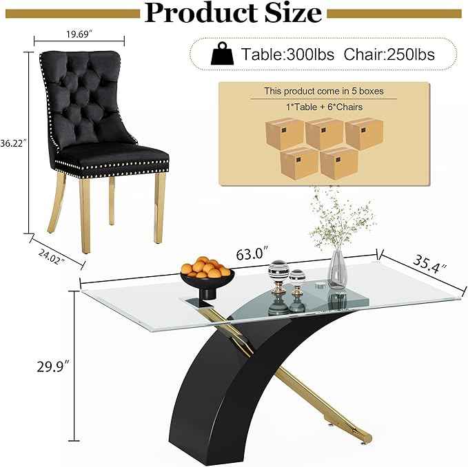 7 Piece Glass Dining Table Set for 6, 63" Modern Kitchen Table with 6 Black Velvet Chairs, Tempered Glass Tabletop with Black X-Shaped MDF Base, Modern Dining Room Set for Kitchen and Dining Room