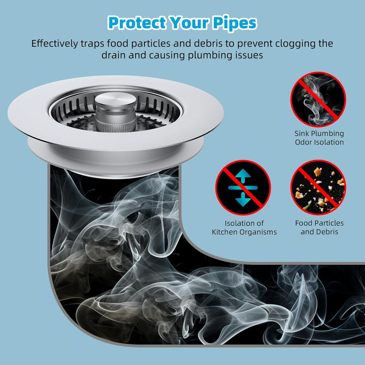Hibbent All Metal Stainless Steel 3 in 1 Kitchen Sink Drain Strainer, Upgraded Anti-Rust Sink Stop Combo, 3 Anti-Clogging Stainless Steel Baskets with Metal Handle for US Standard 3-1/2" Drain