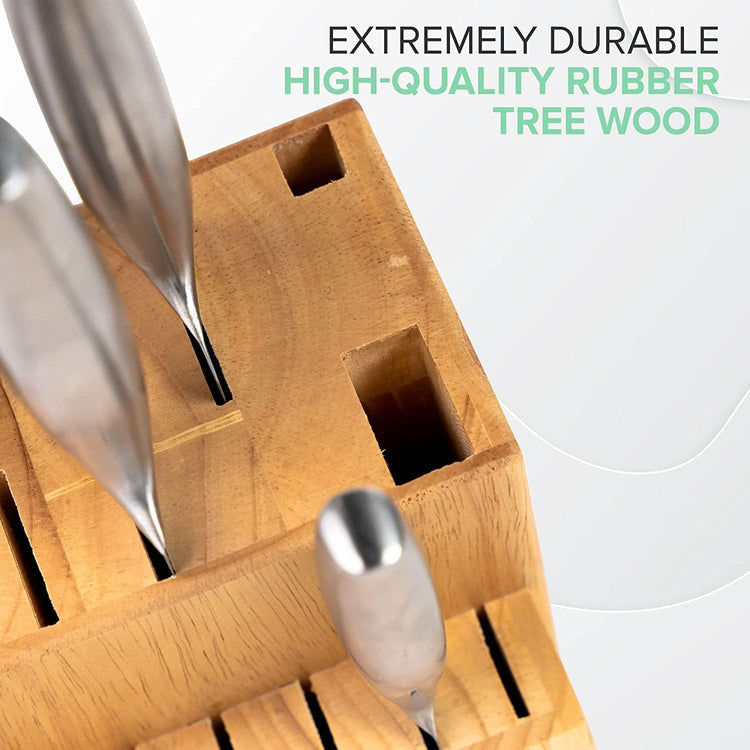 Coninx Rubber Wood Kitchen Knife Block - 15 Slots Knife Holder - Professional Quality Wood Knife Organizer - Secure Knife Stand To Keep Knives Neat & Sharp - Knife Blocks for Kitchen Knife Storage