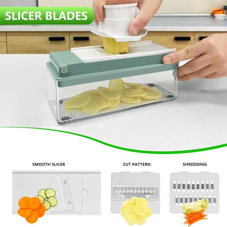 Vegetable Chopper, Onion Chopper Dicer, Mandoline Slicer, Food Chopper with Container, Vegetable Cutter for Salad Potato Carrot Garlic(10 Blades, Blue White)