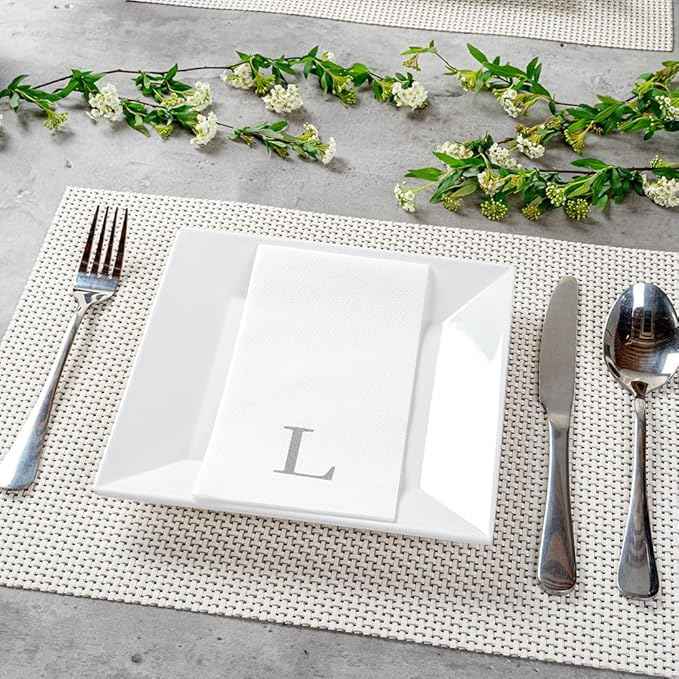 Luxenap 15.8 X 7.9 Inch Linen-Feel Guest Towels, 2000 Lettered Hand Towels - Silver Letter 'L', Sans Serif Font, White Paper Dinner Napkins, airlaid, For Restrooms And Tables - Restaurantware
