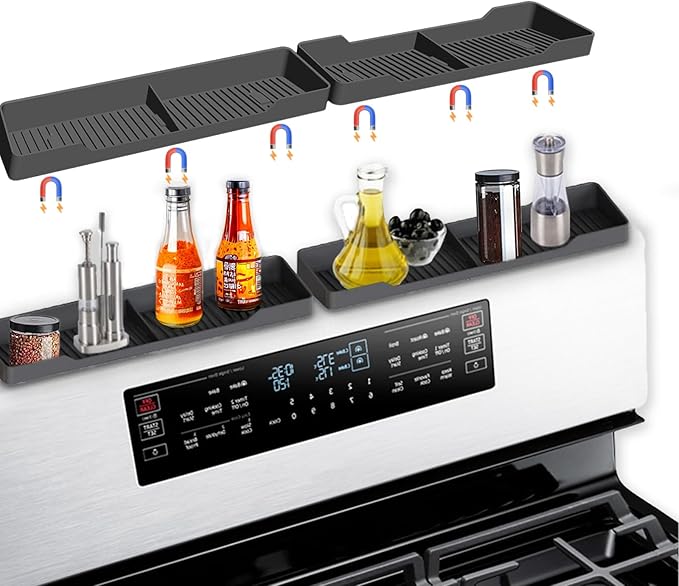 30 Inch Magnetic Silicone Stove Top Shelf, Heat Resistant Spice Rack for Kitchen, Space Saving Organizer with 6 Sticky Pads, Fits Back of Stove(Black 30''x3.8'')
