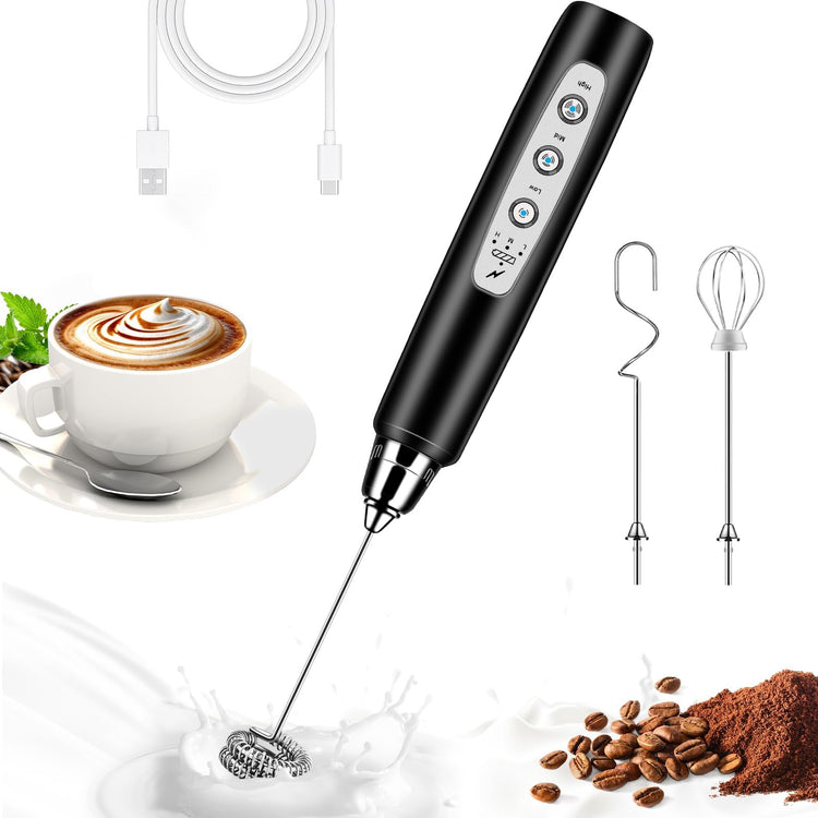 Milk Frother Wand Rechargeable Handheld Whisk Coffee 3 Speed Adjustable