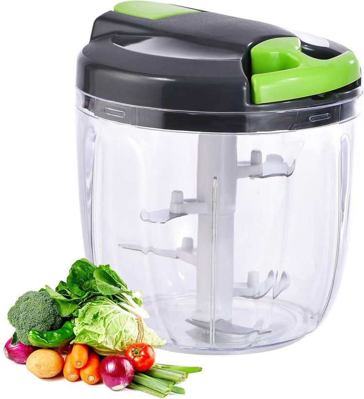 Manual Food Processor Vegetable Chopper, Portable Hand Pull String Garlic Mincer Onion Cutter for Veggies, Ginger, Fruits, Nuts, Herbs, etc., (900ml,Gray-green)