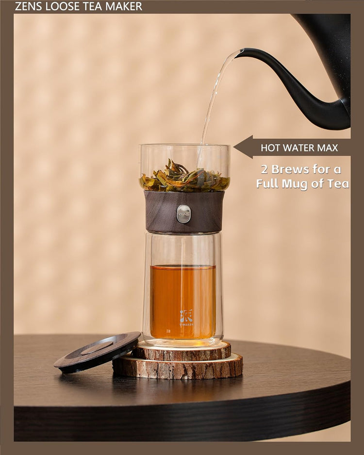 ZENS Modern Glass Infuser Teapot, One Touch Tea Maker for Loose Leaf Tea with Insulated Mug and Portable Case. Enchanted Pot Alternatives for Tea Lover Gifts