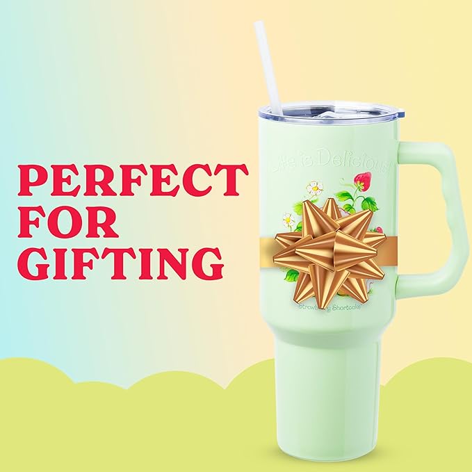Silver Buffalo Strawberry Shortcake and Custard “Life is Delicious!” Double Walled Stainless Steel Tumbler with Handle, Fits in Standard Cup Holder, 40 Ounces