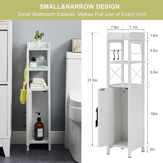 VECELO Small Bathroom Cabinet,Slim Toilet Paper Holder with Door&2 Shelves, Upgraded Narrow Storage Organizer for Restroom Bathroom Tiny Space,Metal Scroll Fenced Top Waterproof Coating,White