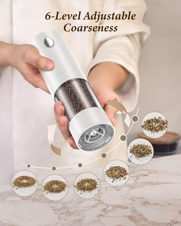 Electric Salt and Pepper Grinder Set - Automatic Refillable Salt and Pepper Grinders with Charging Base & LED Light, 6-Level Adjustable Coarseness with External Dial, Ideal Kitchen Gadget๏ผBlack& White