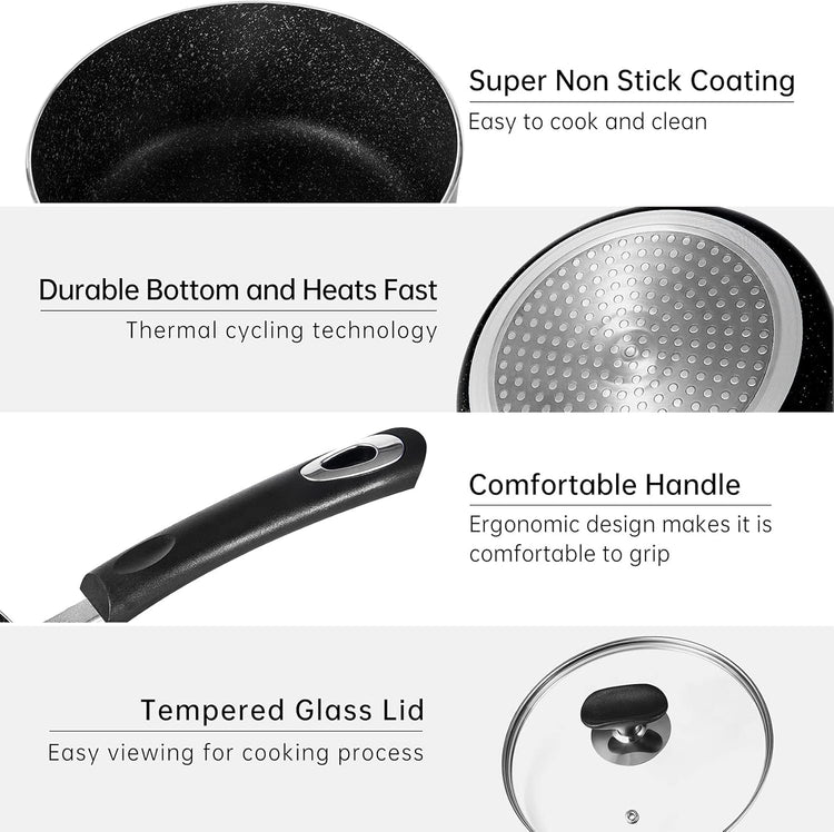 Nonstick Saucepan Set with Lid, Non Stick 1.5QT & 2.5QT Sauce Pan Set with Glass Lid Small Pot for Home Kitchen