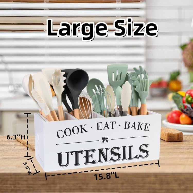 Utensil Holder,Extra Large Wooden Utensil Holder For Kitchen Counter,Cooking Spatula Organizer,Big Storage Caddy With 4 Compartments Flatware Spoon Tool Cutlery(White)