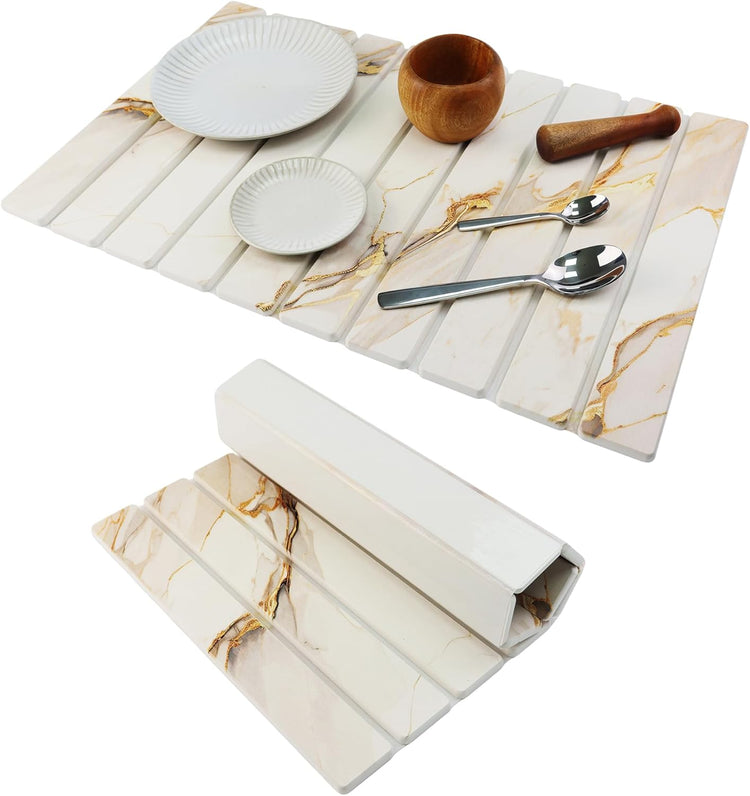 Large Stone Drying Mat for Kitchen Counter Diatomaceous Earth Collapsible 24”(L)*16”(W)Super Heat Resistant Mats, Quick Absorbent Dish Drying Rack(Gold marble)