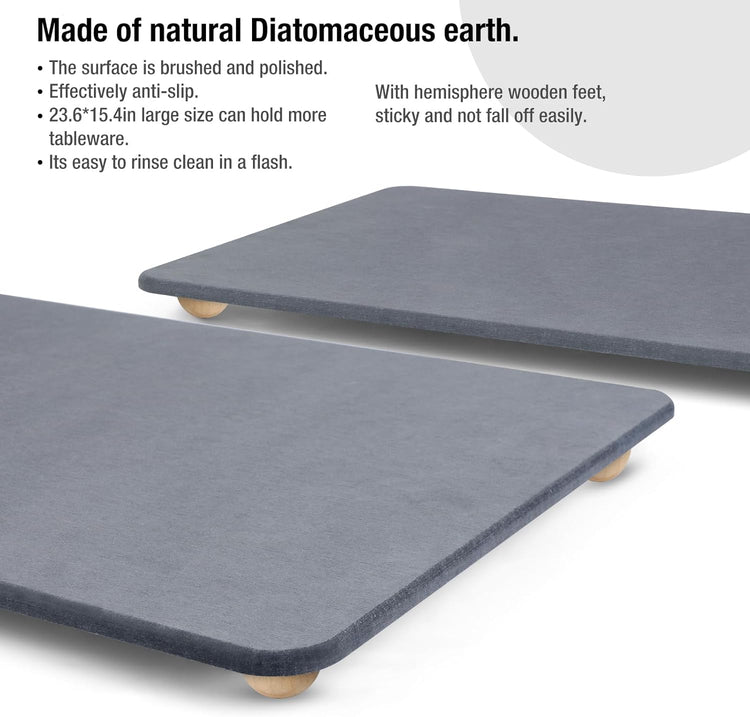 Stone Dish Drying Mat for Kitchen Counter, 16"×12" Quick Dry Super Absorbent Eco-Friendly Diatomaceous Earth Stone Mat with hemisphere wooden feet, Non-slip, Heat Resistant, Multi-purpose mats.