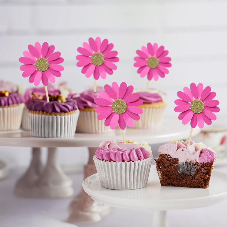24Pcs Daisy Cupcake Toppers Flower Cake Topper Decorations Daisy Cake Decorations Chrysanthemum Cupcake Toppers Spring Daisy Flower Cake Picks for Birthday Wedding Supplies Rose Red (24 Count)