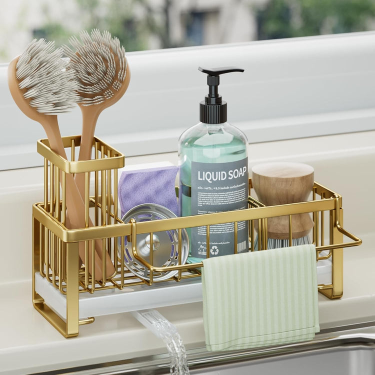 HapiRm Sponge Holder for Kitchen Sink - Self-draining Sink Caddy with Brush Holder and Dishcloth Holder, Stainless Steel Kitchen Organizer for Countertop - Gold