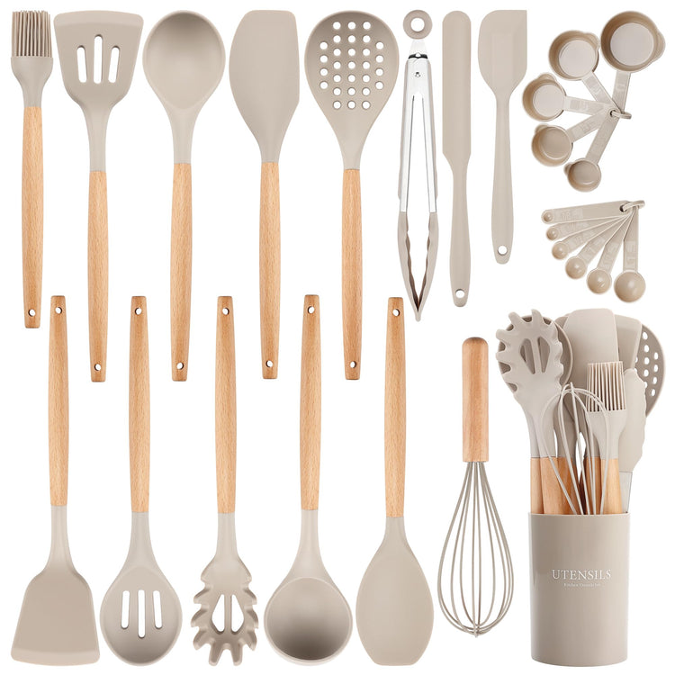 26 Piece Food Grade Silicone Kitchen Utensils Set with Wooden Handles (26 Count)