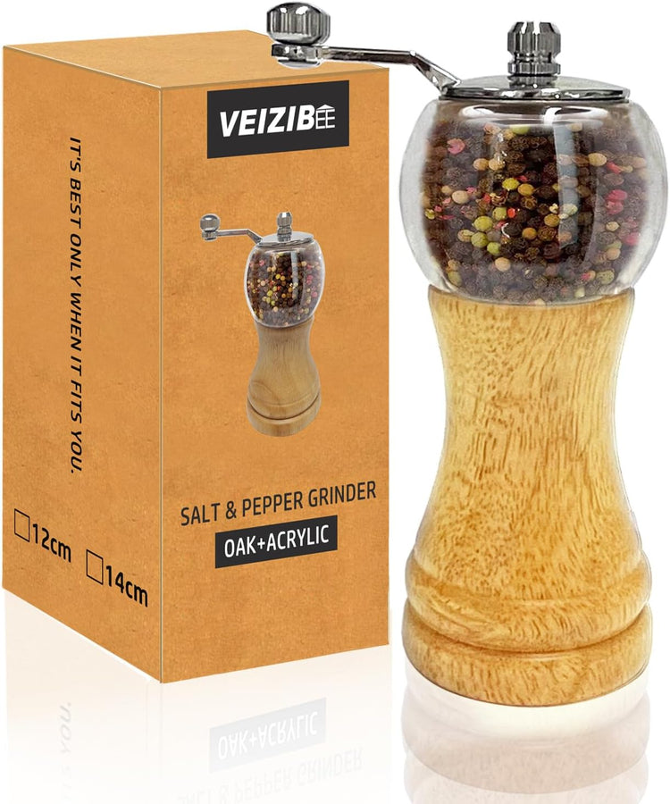 Pepper Mill Set,Manual Pepper Mills, Classical Hand Shake Wooden Pepper Grinder Set,Salt Mills,Wooden Pepper Mill,Ceramic Blades Metal Handle,Enjoy Fresh Ground Pepper (Burlywood 1pcs-6in)
