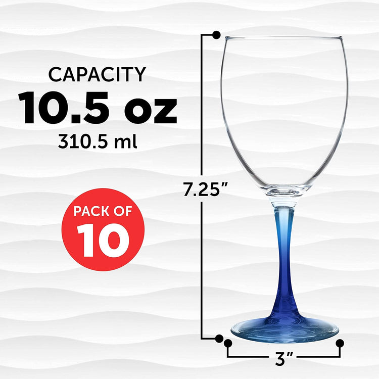 DISCOUNT PROMOS Nuance Wine Glasses by ARC 10.5 oz. Set of 10, Bulk Pack - Restaurant Glassware, Perfect for Red Wine, White Wine, Cocktails - Blue