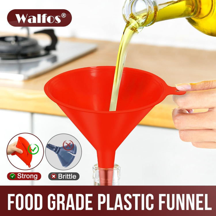 walfos 4pcs Kitchen Plastic Funnel (NO BPA),Automotive Funnel for Liquid Transfer,funnels for Filling Bottles, containers or Kitchen funnels for Laboratory use. red(4.7in&3.7in&2.7in&2in