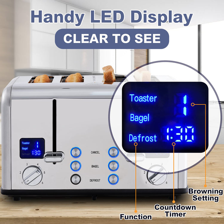 4 Slice Stainless Steel Toaster with Digital Display