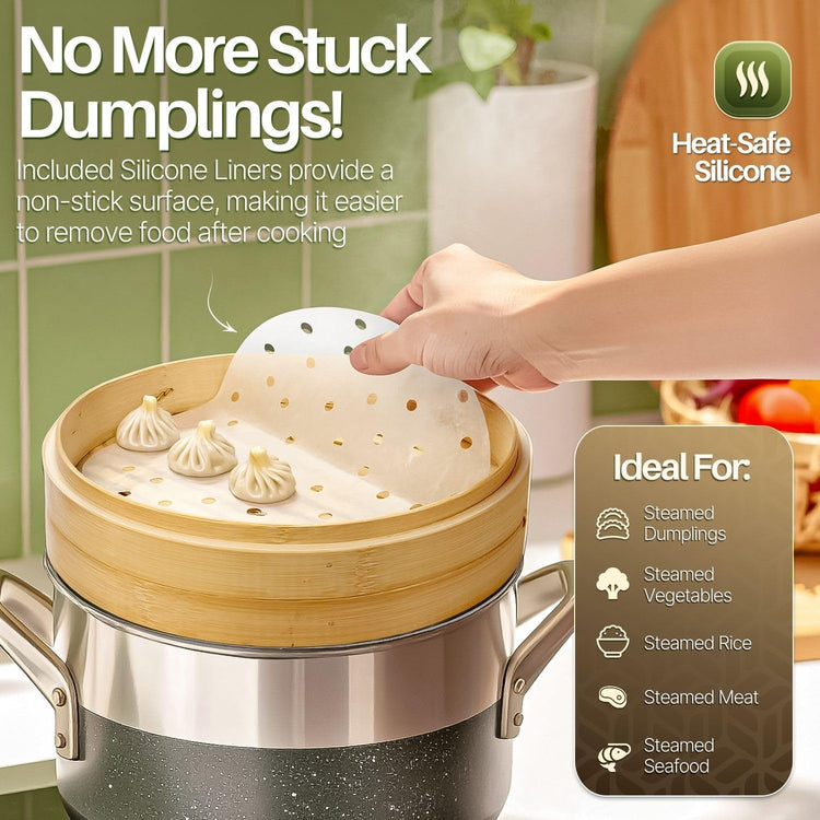 10 Inch Bamboo Steamer Basket Set for Dumplings and Dim Sum