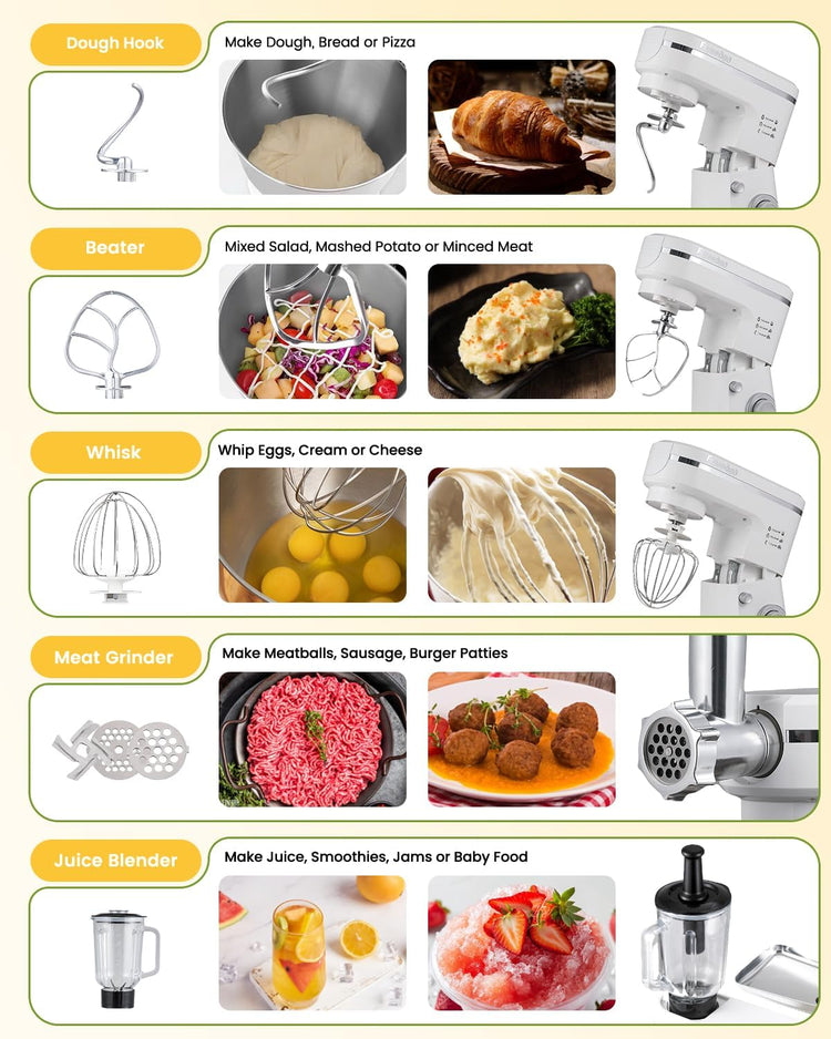 Stand Mixer 7-IN-1 1500W 6.5 QT Multifunctional Electric Kitchen Mixer 6+P Speed Tilt-Head with Stainless Steel Bowl&Handle, 1.5L Glass Jar, Meat Grinder, Dough Hook, Whisk, Pasta Attachments