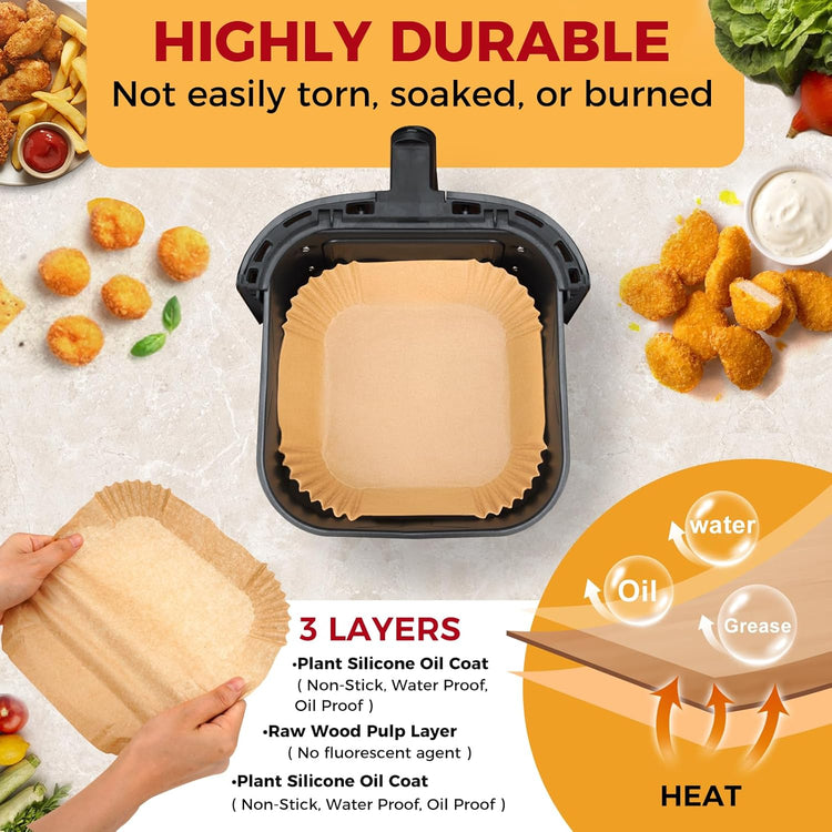 Air Fryer Liners Disposable - 300Pcs 8In Square Parchment Paper for Air Fryer Non-Stick Airfryer Basket Liners for Steamer Microwave Oven