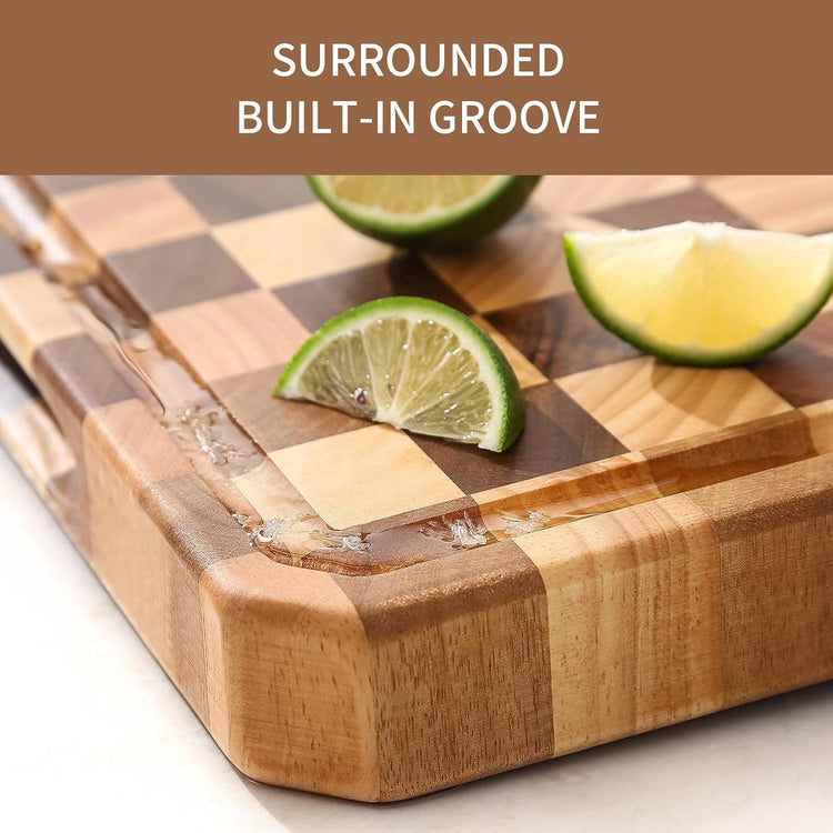 Large wood Cutting Board for Kitchen with Juice Handles , Chopping Board Cheese Charcuterie Board (Checkered cutting board)