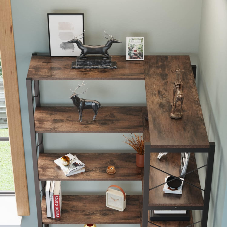6-Shelf Corner Bookshelf, Vintage Industrial CornerBookshelf Etagere Bookcase, Large Book Shelf with Metal Frame Open Storage Corner Cabinet for Living Room Home Office(Retro Brown)